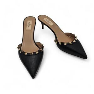 Valentino Garavani Rockstud Kitten Heel Mule Black Leather Size 38.5 US 8.5